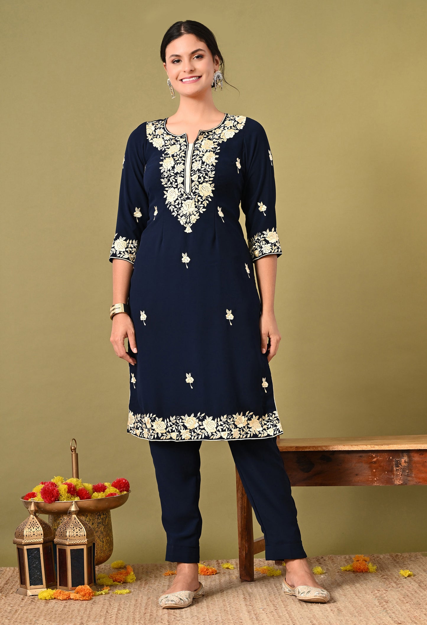 Beautiful Dark Blue Kurta Set with Excellent Parsi Work