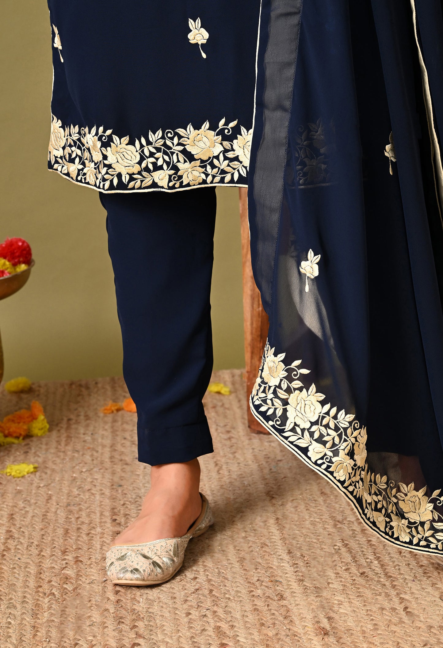 Beautiful Dark Blue Kurta Set with Excellent Parsi Work