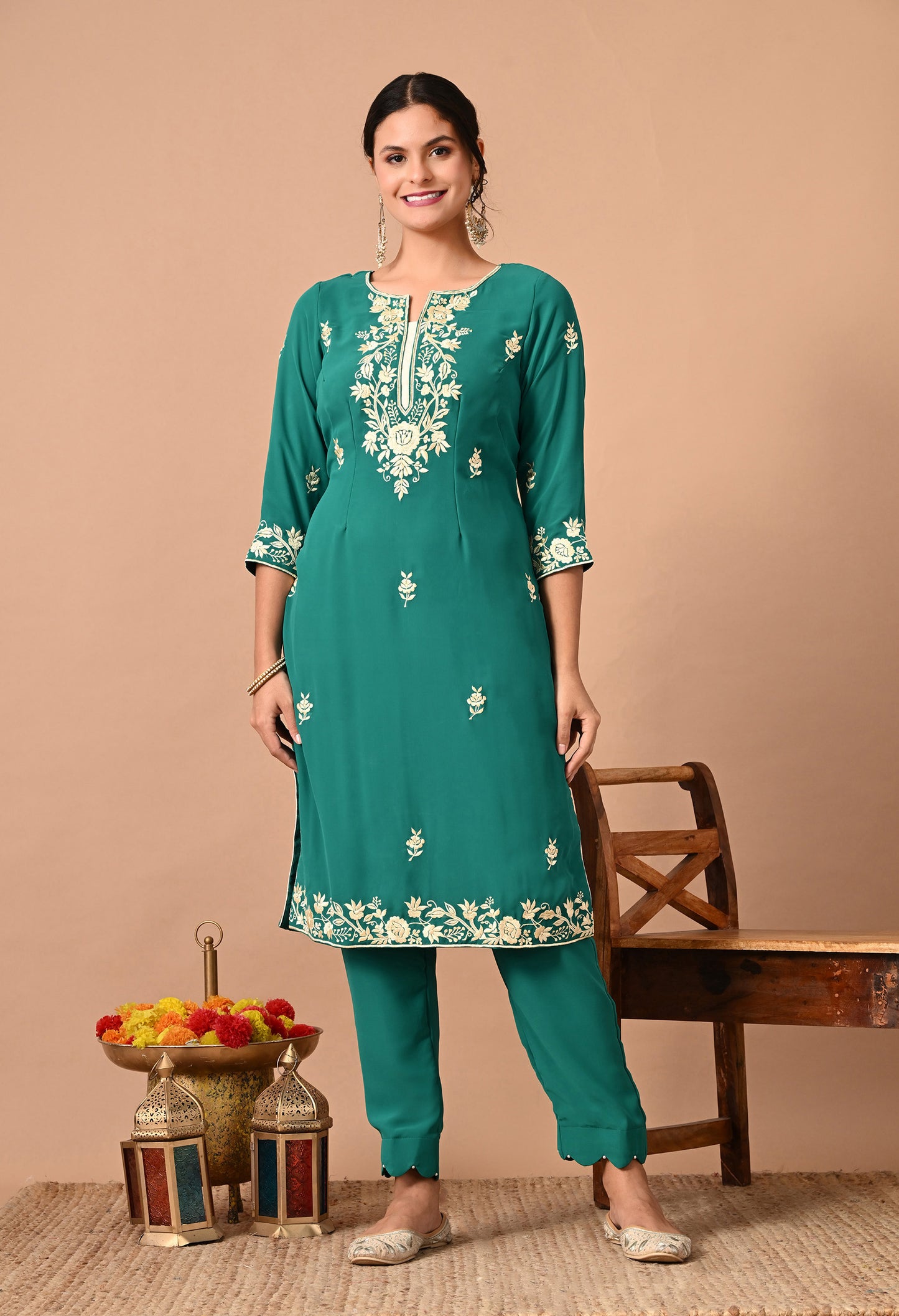 Beautiful Green Kurta Set with Excellent Craftsmanship of Parsi Work