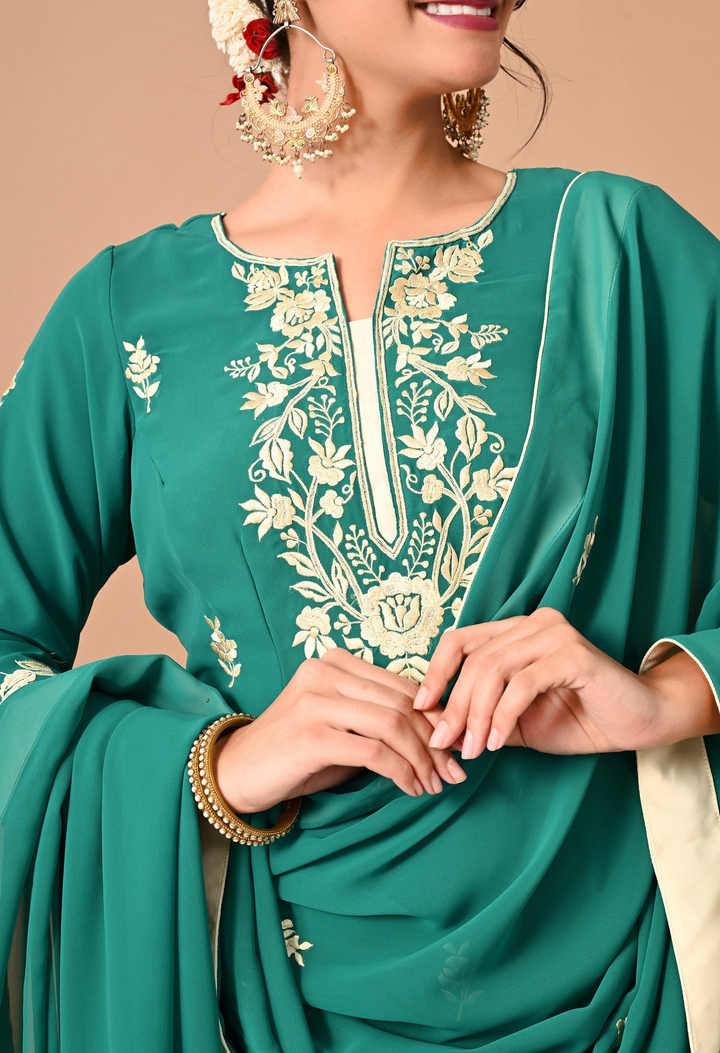 Beautiful Green Kurta Set with Excellent Craftsmanship of Parsi Work