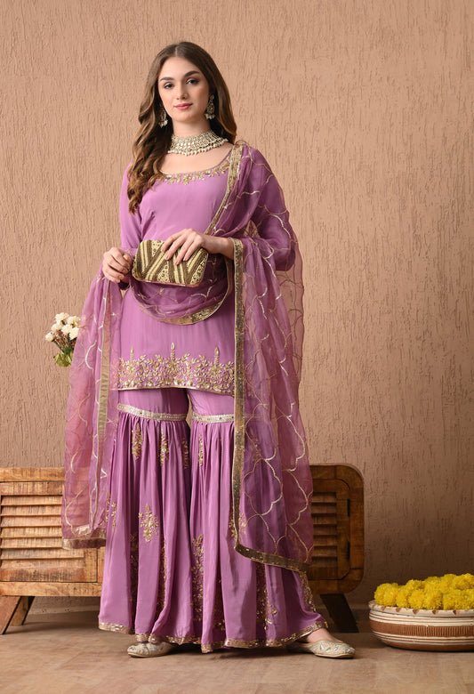 Breathtaking Purple Sharara Set with Zardozi and Sequence Work
