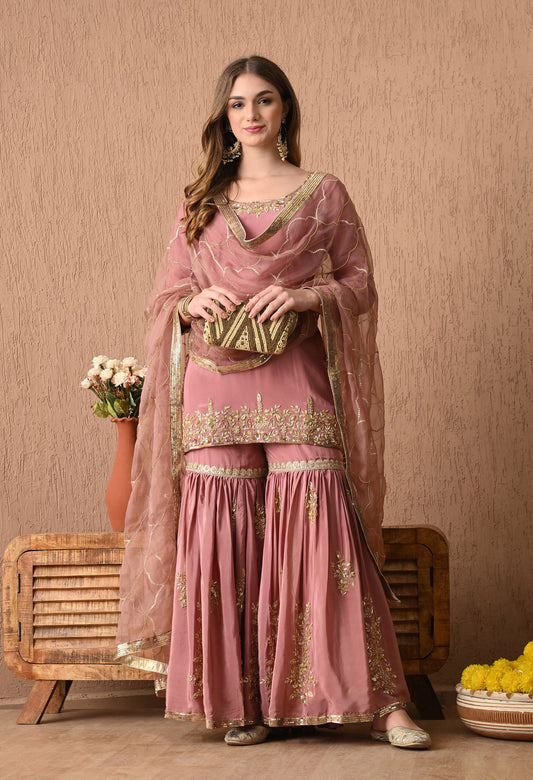 Astonishing Beige Peach Kurta Set with Zardozi and Sequence Work