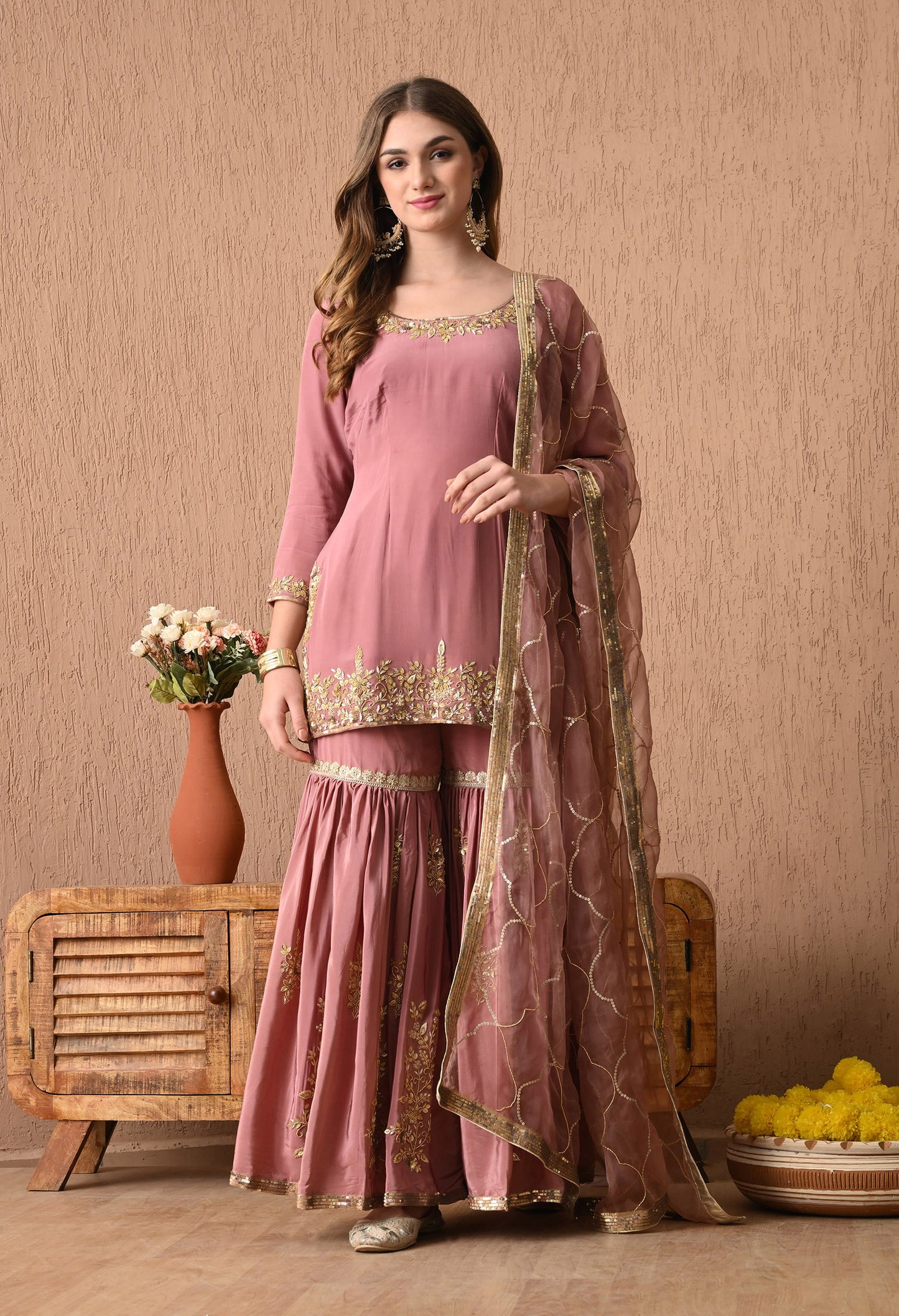 Astonishing Beige Peach Kurta Set with Zardozi and Sequence Work