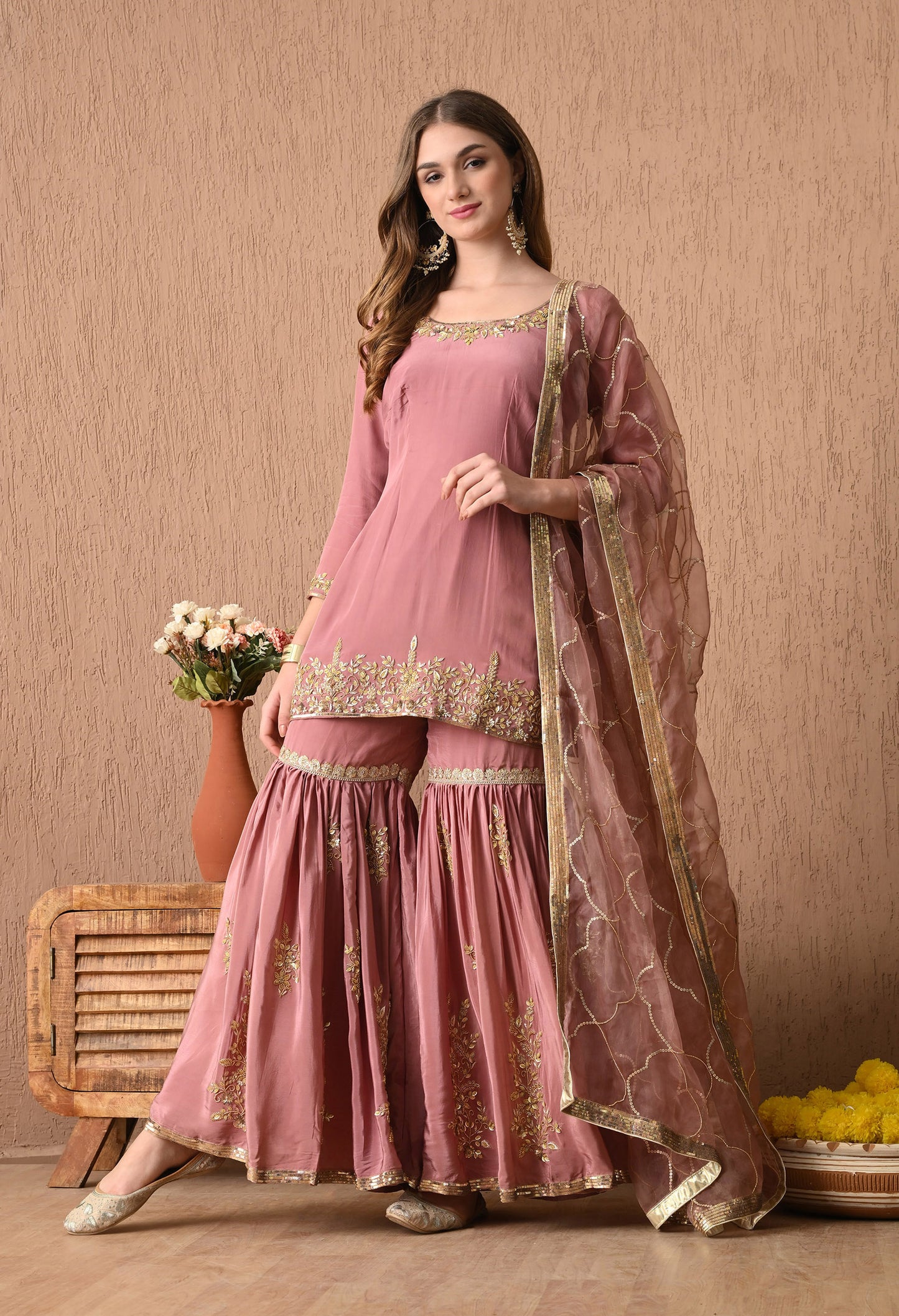 Astonishing Beige Peach Kurta Set with Zardozi and Sequence Work