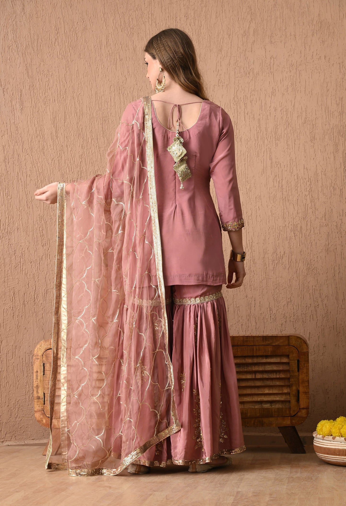 Astonishing Beige Peach Kurta Set with Zardozi and Sequence Work
