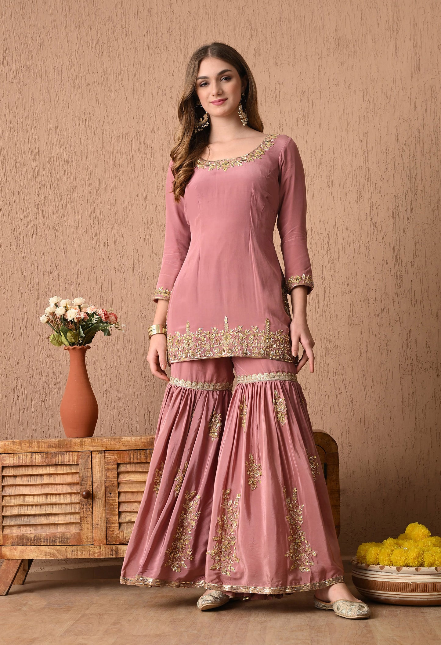 Astonishing Beige Peach Kurta Set with Zardozi and Sequence Work