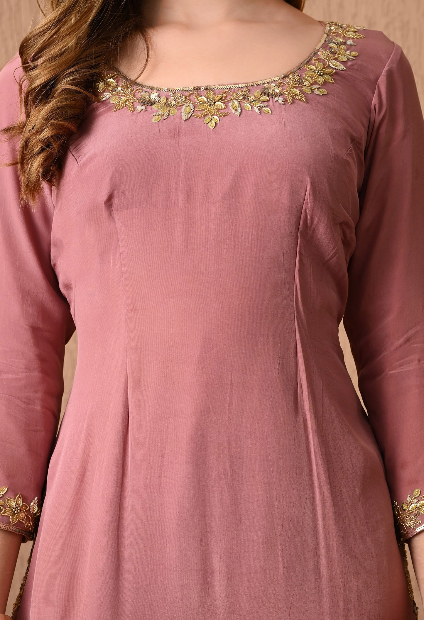 Astonishing Beige Peach Kurta Set with Zardozi and Sequence Work