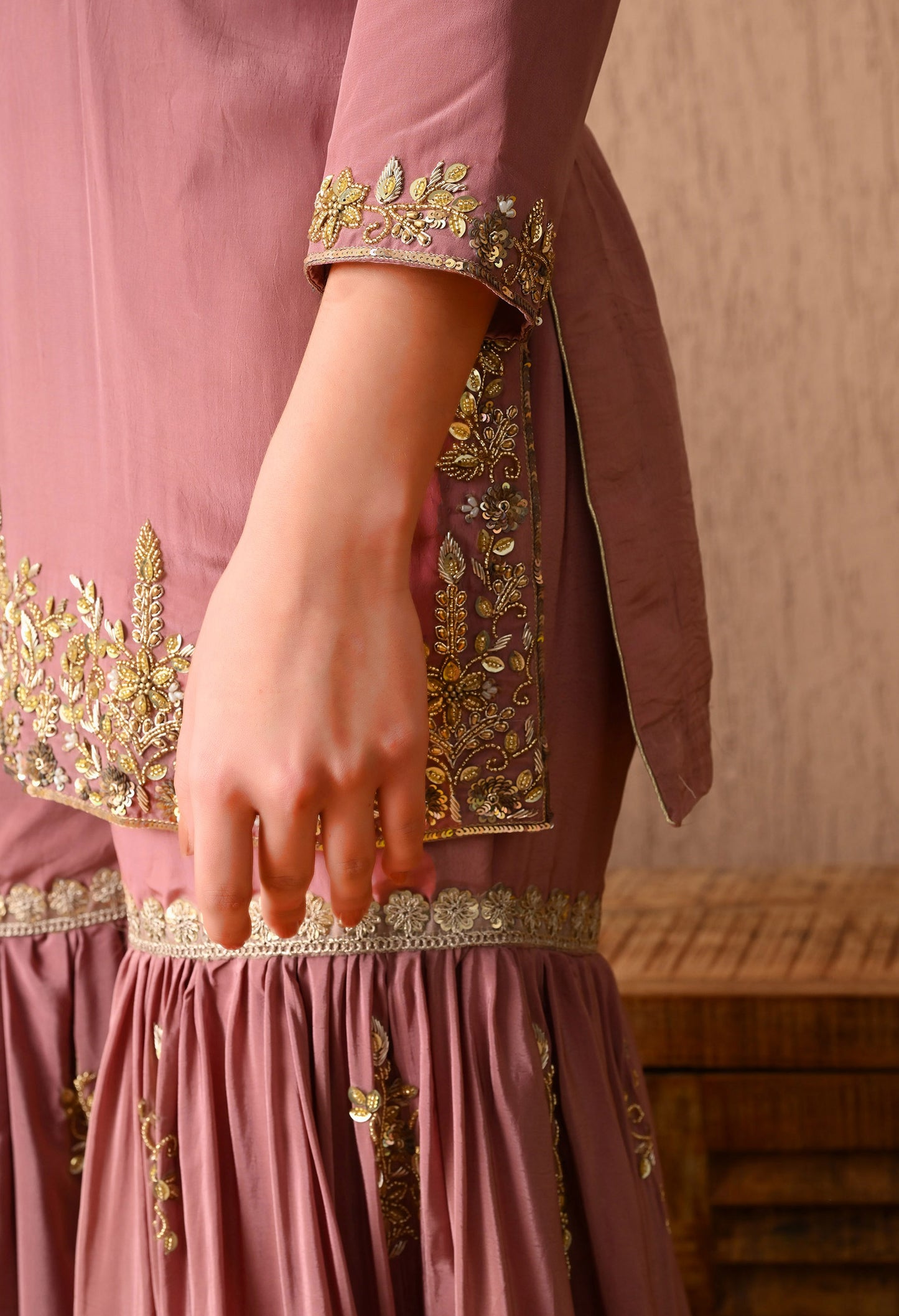 Astonishing Beige Peach Kurta Set with Zardozi and Sequence Work