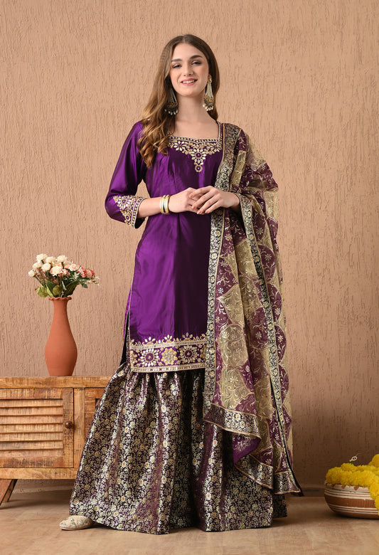 Graceful Purple Sharara Set with Gotta, Zardozi, and Pearl Work