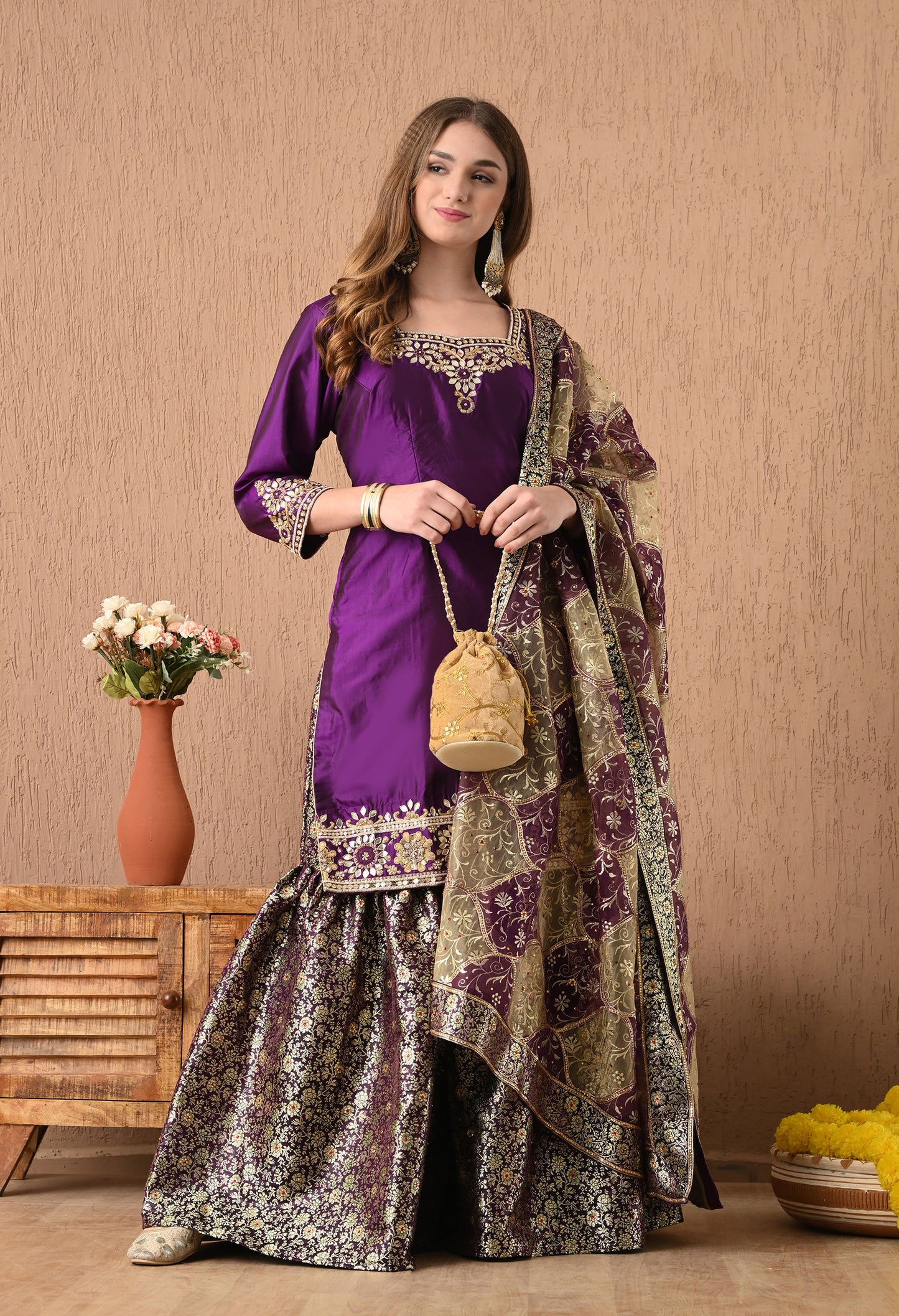 Graceful Purple Sharara Set with Gotta, Zardozi, and Pearl Work