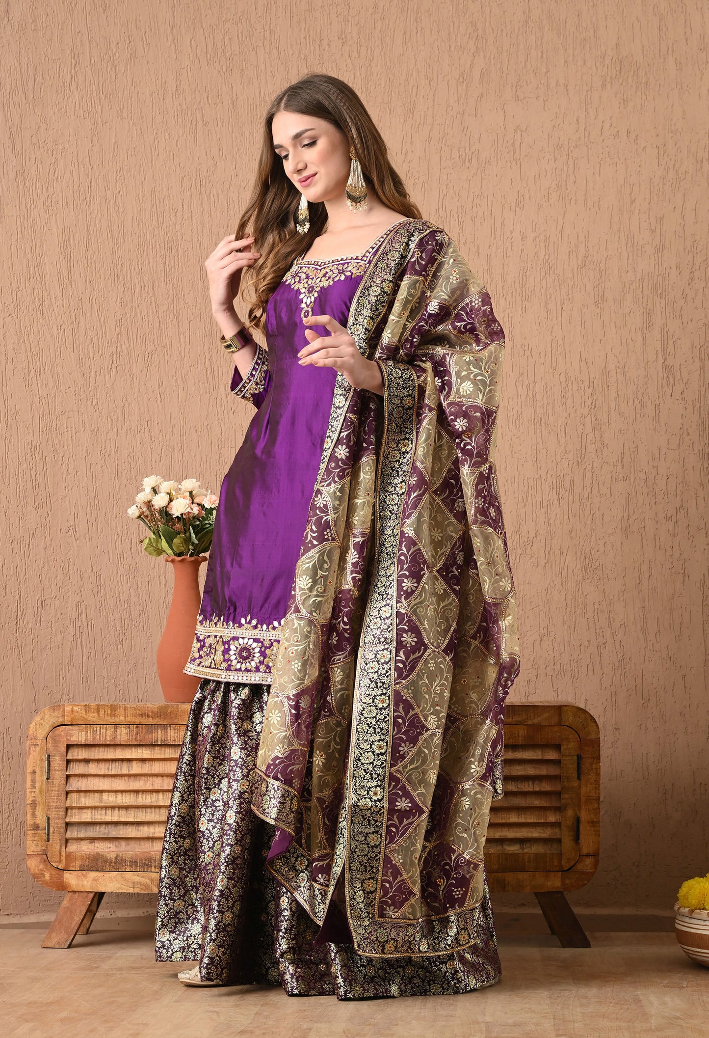 Graceful Purple Sharara Set with Gotta, Zardozi, and Pearl Work