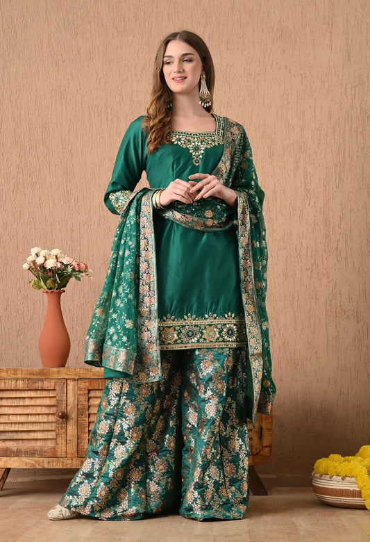 Mesmerising Green Sharara Set with Gotta, Zardozi, and Pearl Work