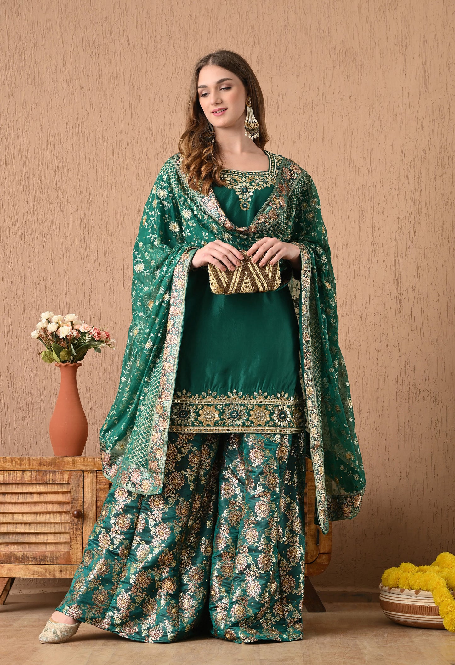 Mesmerising Green Sharara Set with Gotta, Zardozi, and Pearl Work