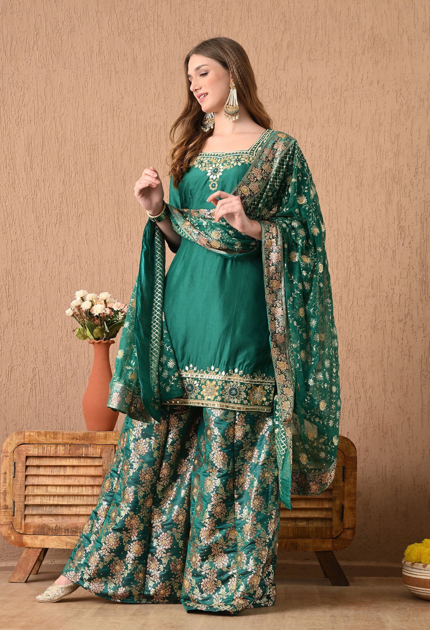 Mesmerising Green Sharara Set with Gotta, Zardozi, and Pearl Work