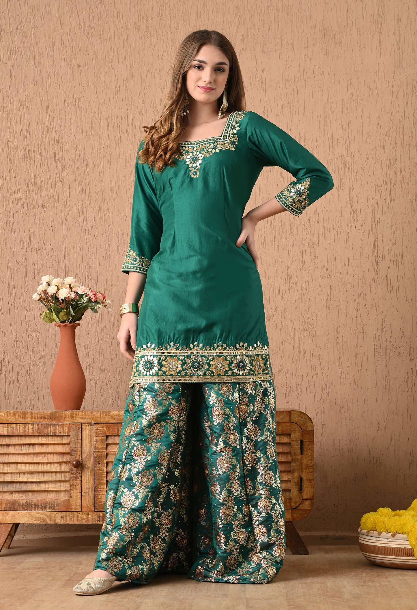Mesmerising Green Sharara Set with Gotta, Zardozi, and Pearl Work
