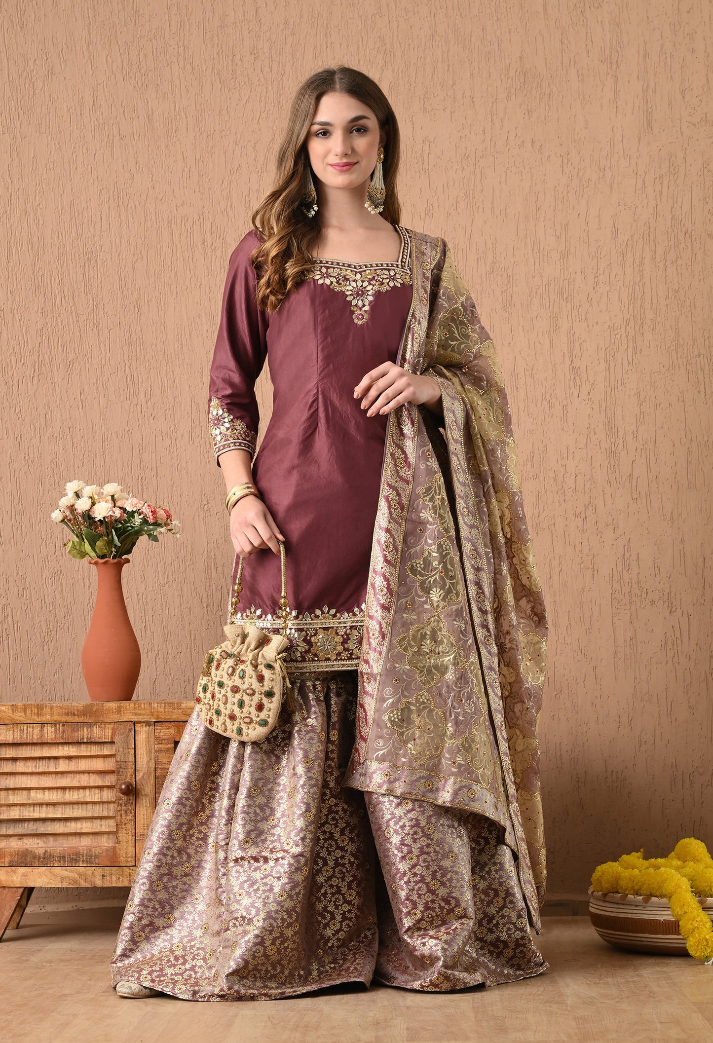Beautiful Light Brown Sharara Set with Gotta, Zardozi, and Pearl Work