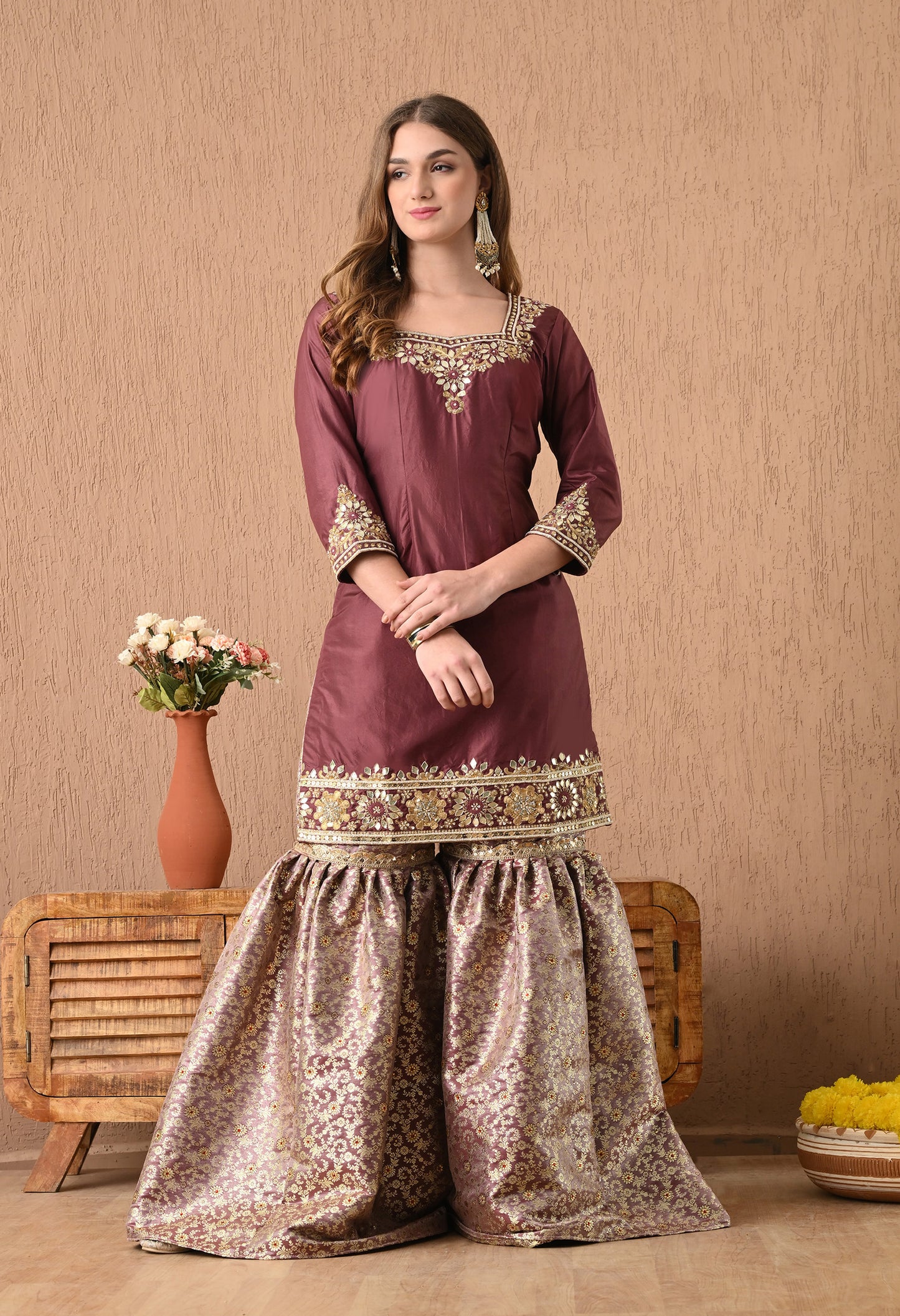 Beautiful Light Brown Sharara Set with Gotta, Zardozi, and Pearl Work