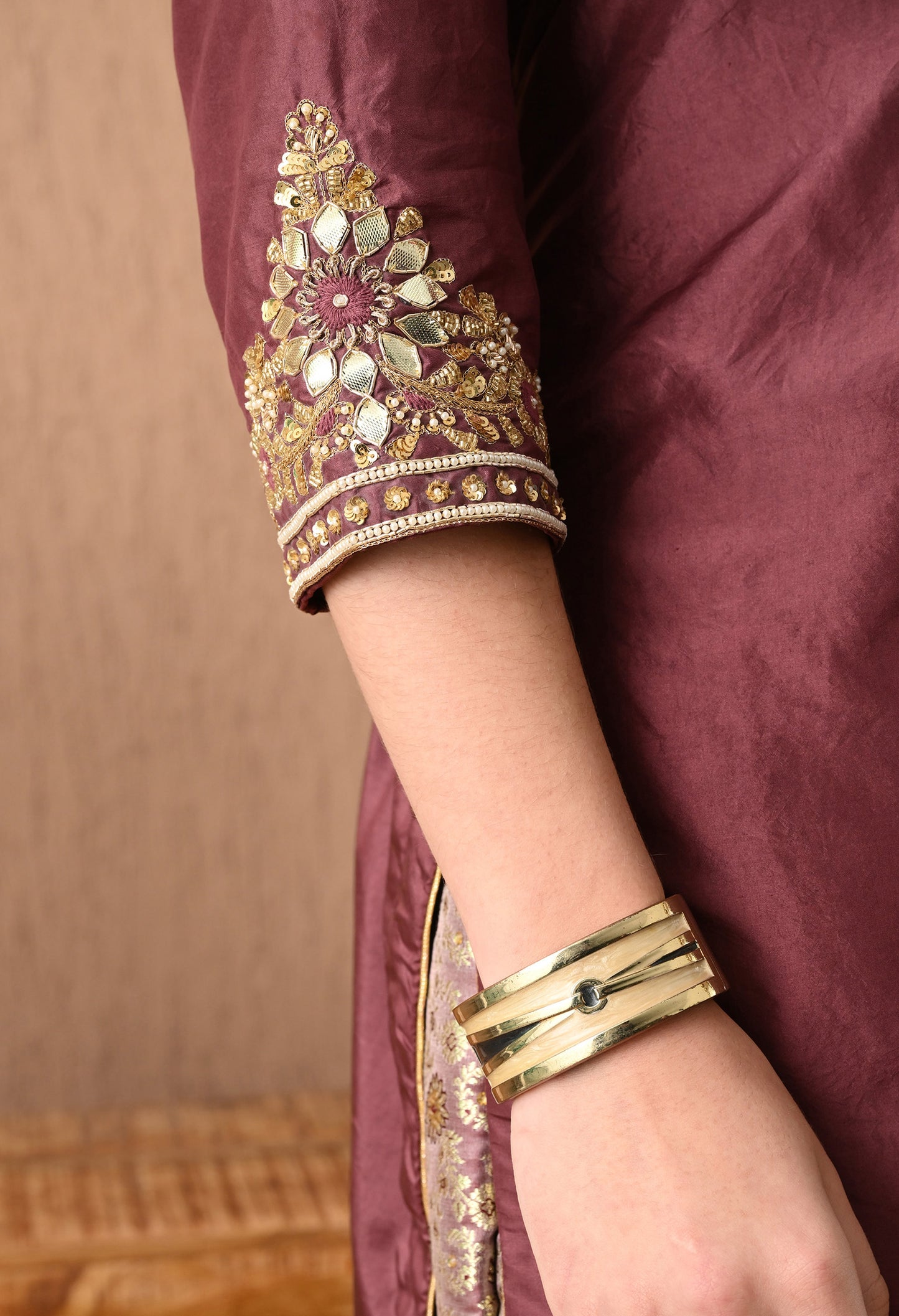 Beautiful Light Brown Sharara Set with Gotta, Zardozi, and Pearl Work