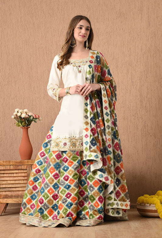 Traditional Cream Lehnga Set with Gotta, Zardozi, Thread, and Sequence Work