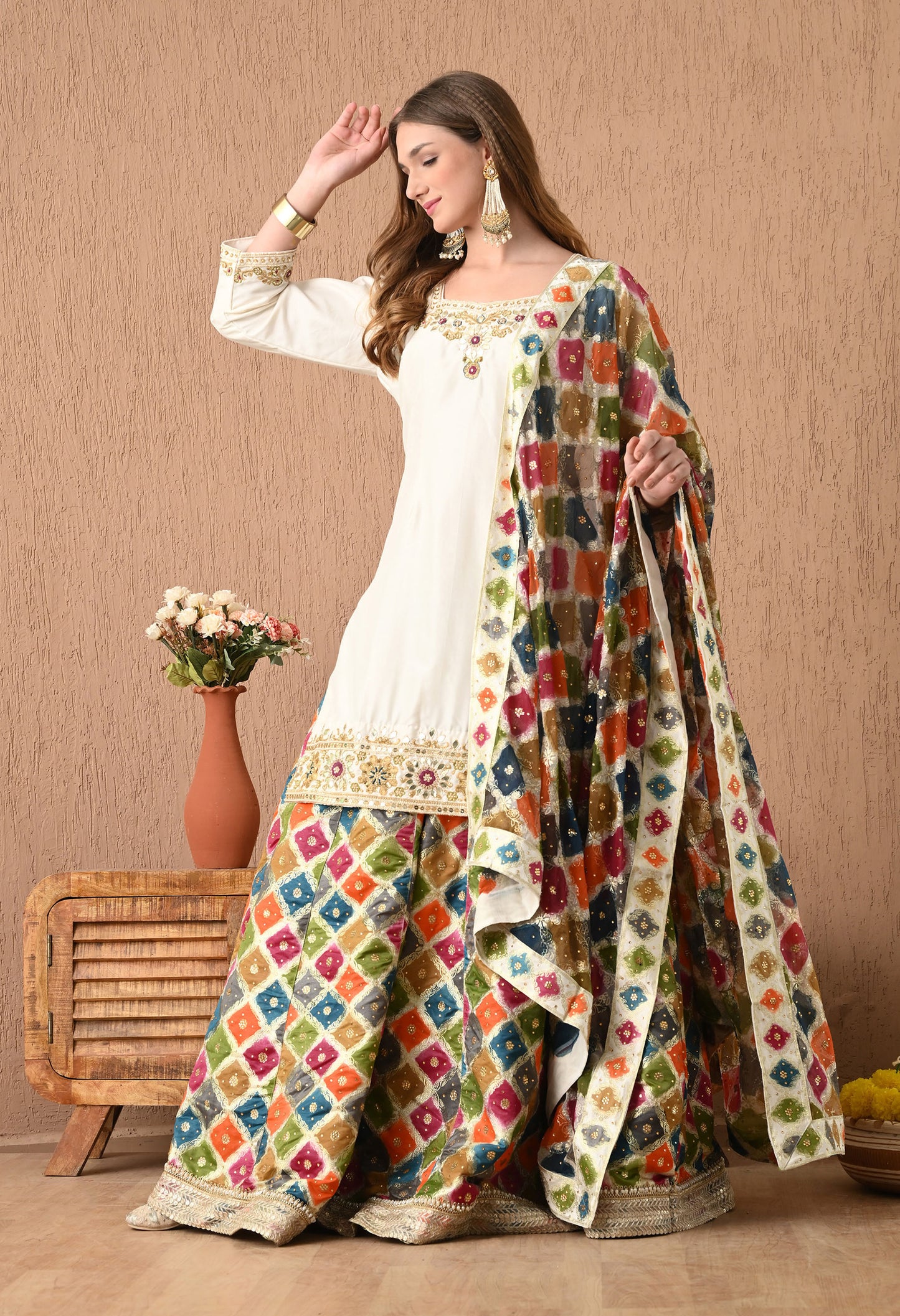 Traditional Cream Lehnga Set with Gotta, Zardozi, Thread, and Sequence Work