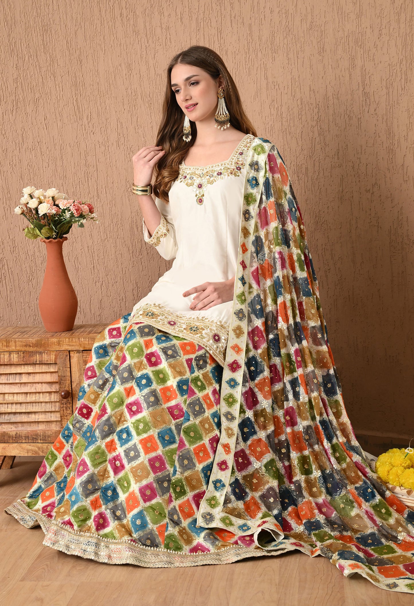 Traditional Cream Lehnga Set with Gotta, Zardozi, Thread, and Sequence Work