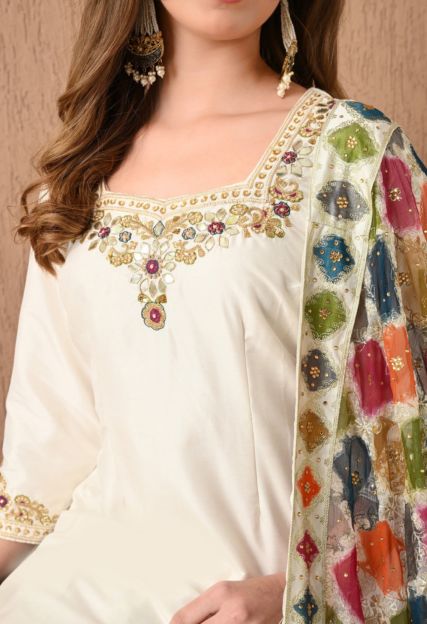 Traditional Cream Lehnga Set with Gotta, Zardozi, Thread, and Sequence Work