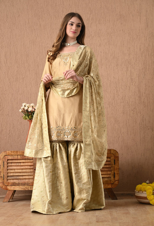 Mesmerising Golden Sharara Set with Gotta, Zardozi, and Sequence Work