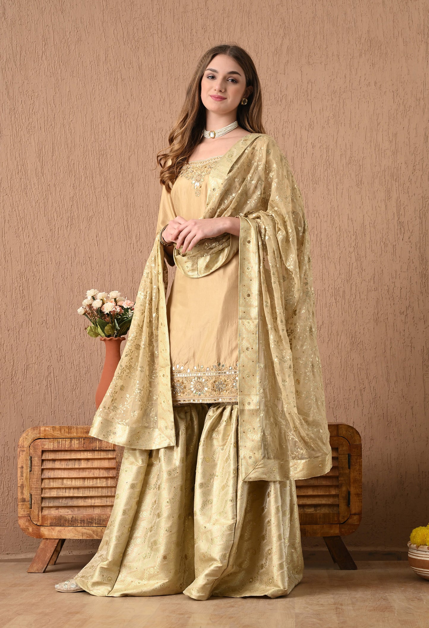 Mesmerising Golden Sharara Set with Gotta, Zardozi, and Sequence Work