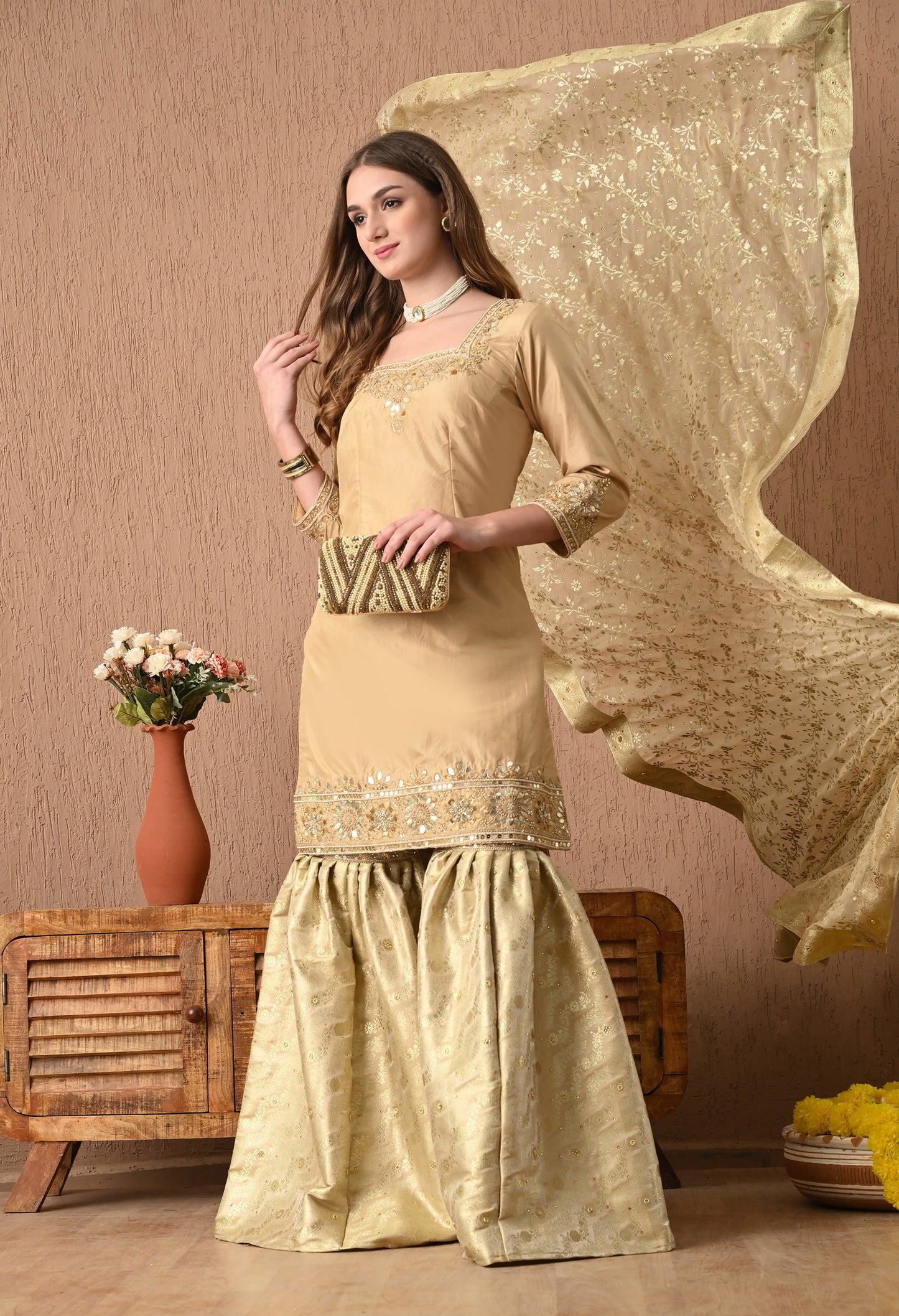 Mesmerising Golden Sharara Set with Gotta, Zardozi, and Sequence Work