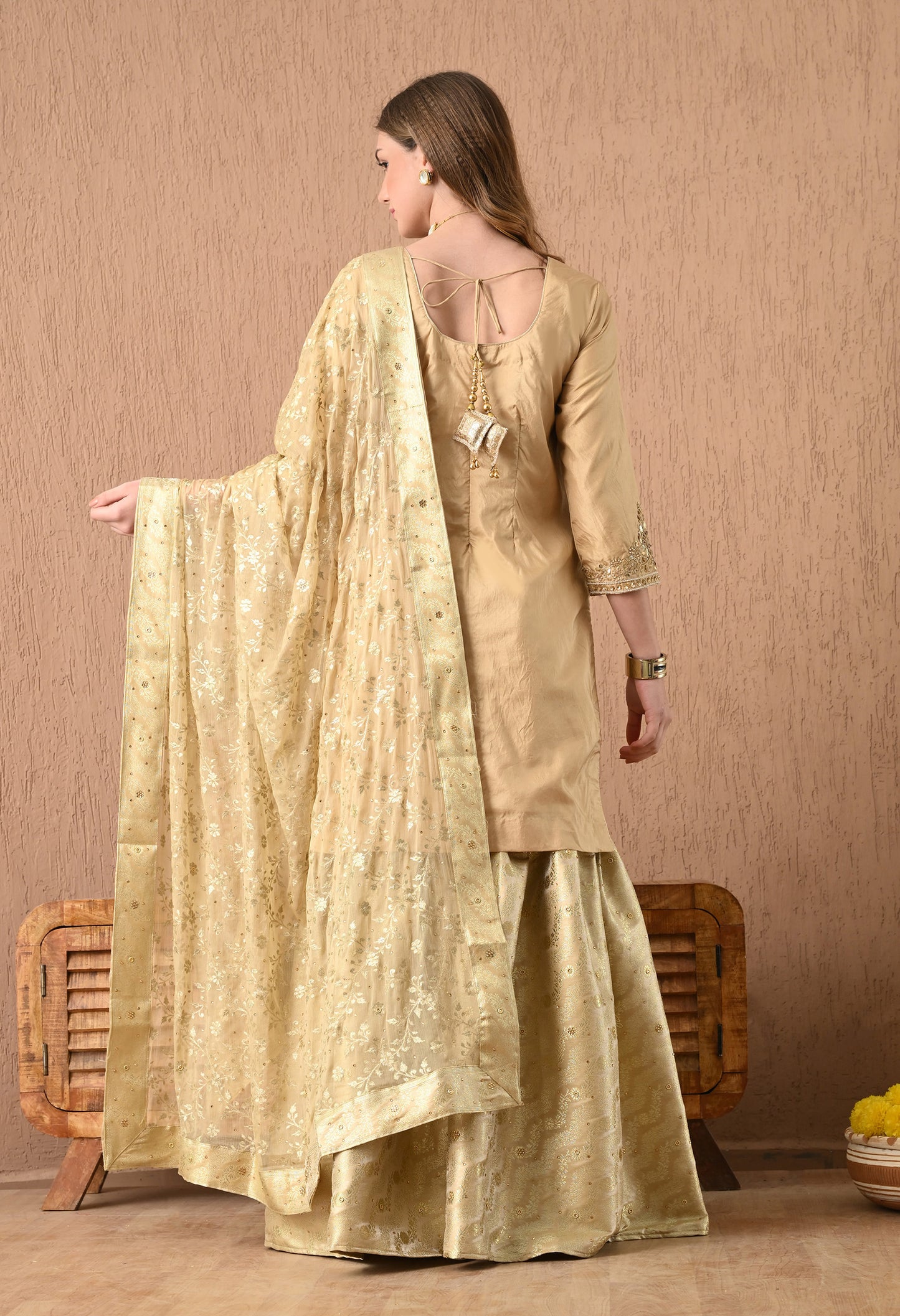 Mesmerising Golden Sharara Set with Gotta, Zardozi, and Sequence Work