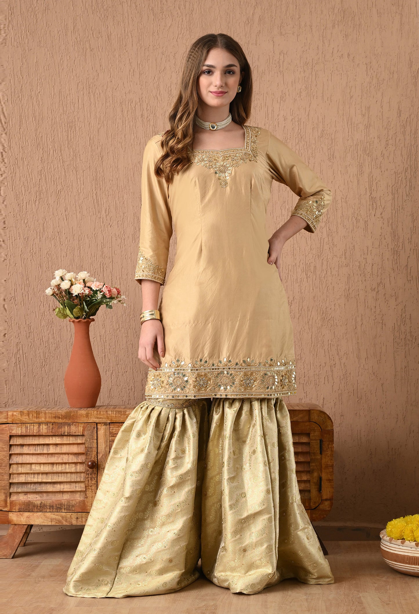 Mesmerising Golden Sharara Set with Gotta, Zardozi, and Sequence Work