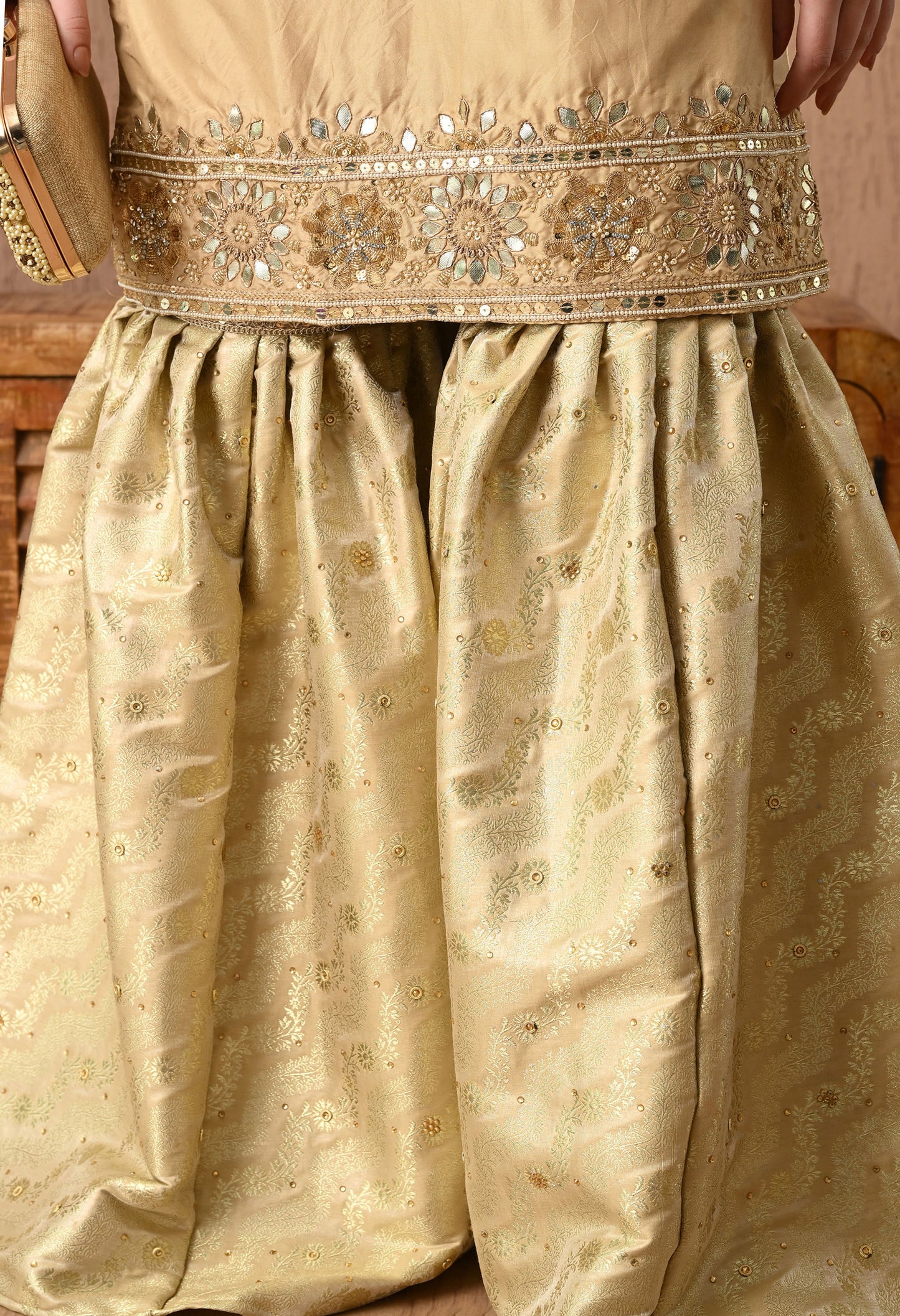 Mesmerising Golden Sharara Set with Gotta, Zardozi, and Sequence Work