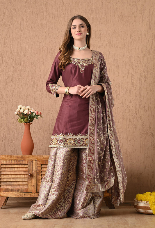 Breathtaking Brownish Maroon Sharara Set with Gotta, Zardozi, and Sequence Work