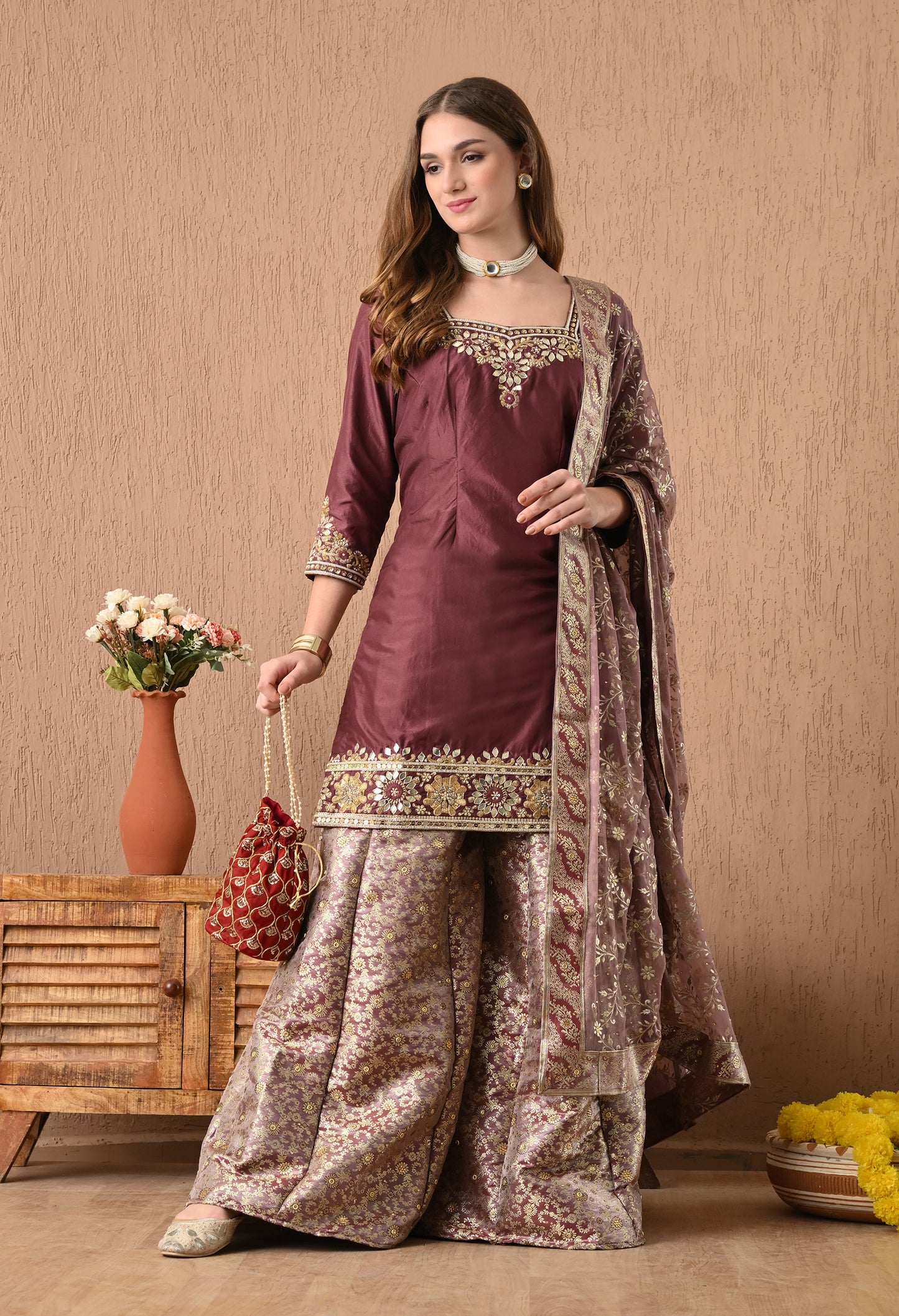 Breathtaking Brownish Maroon Sharara Set with Gotta, Zardozi, and Sequence Work