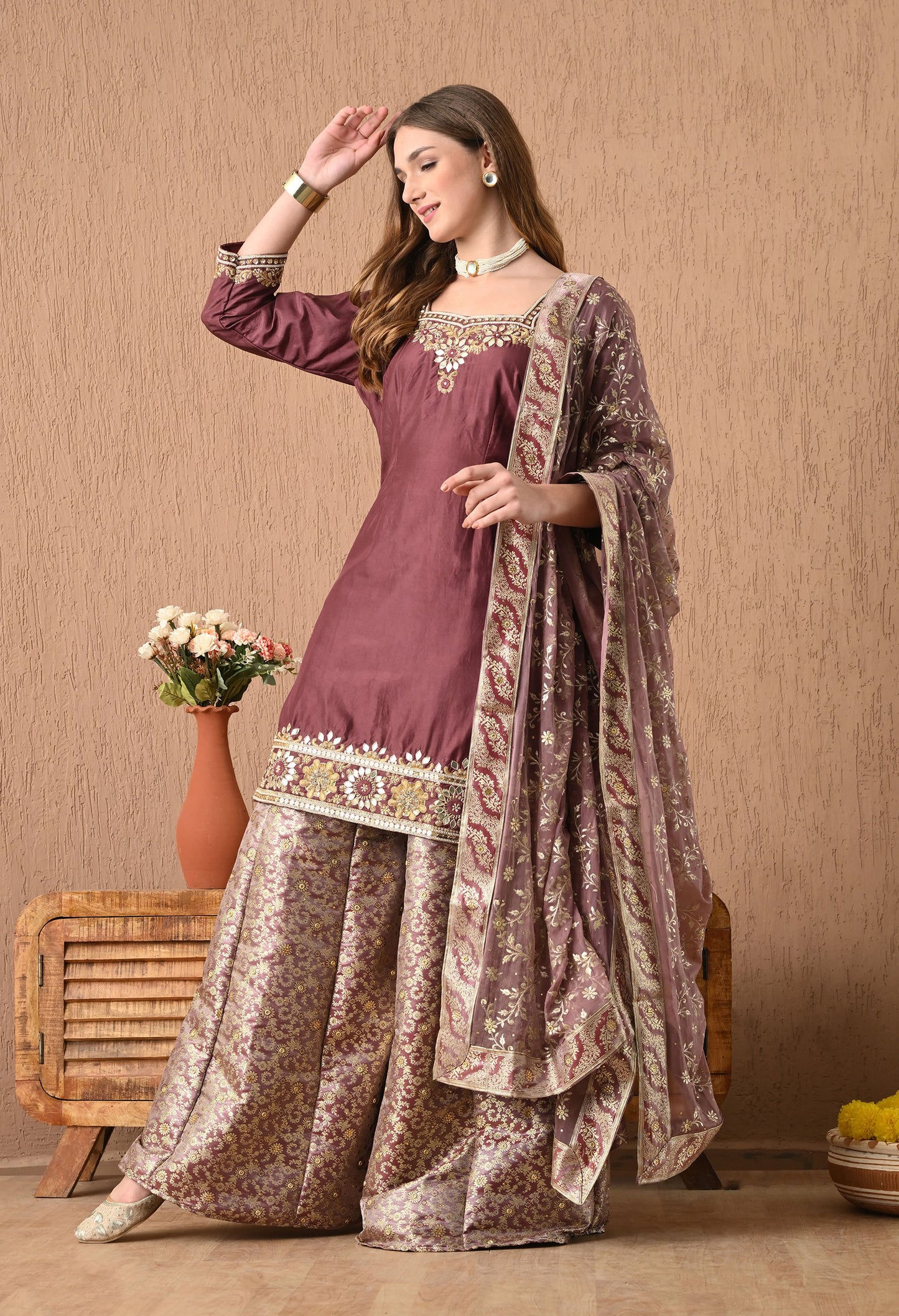 Breathtaking Brownish Maroon Sharara Set with Gotta, Zardozi, and Sequence Work