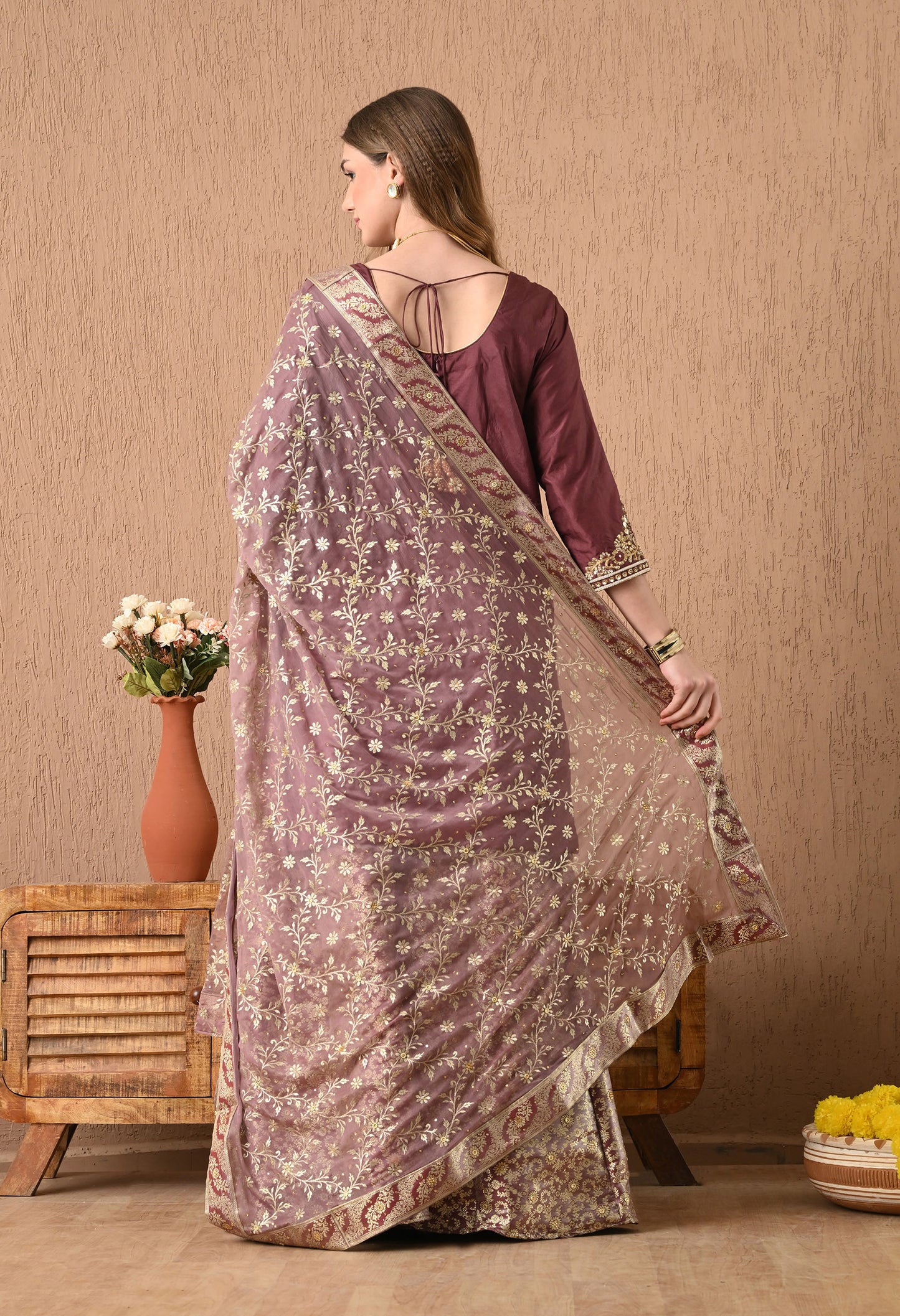 Breathtaking Brownish Maroon Sharara Set with Gotta, Zardozi, and Sequence Work