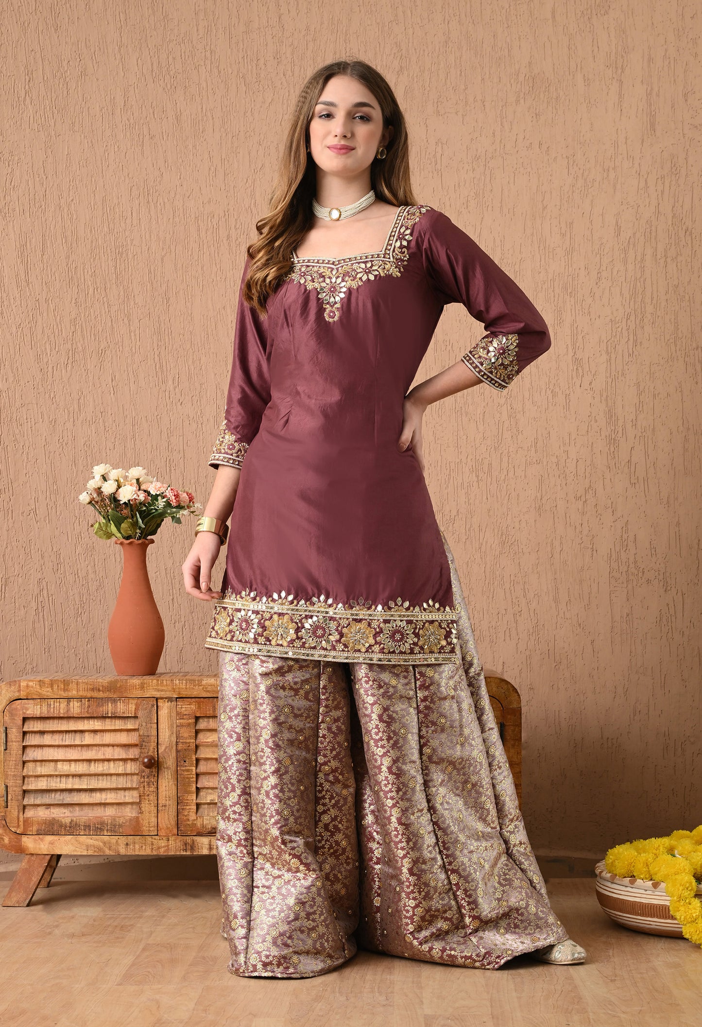 Breathtaking Brownish Maroon Sharara Set with Gotta, Zardozi, and Sequence Work