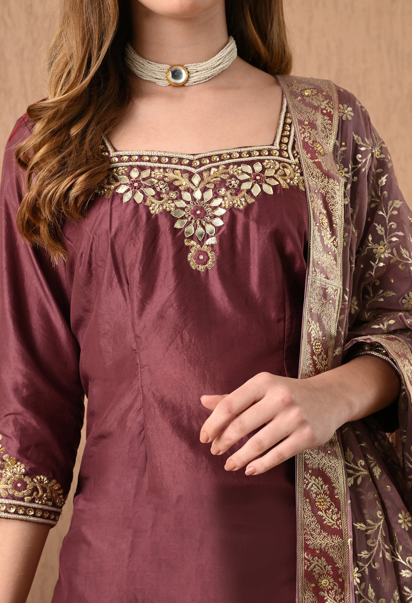 Breathtaking Brownish Maroon Sharara Set with Gotta, Zardozi, and Sequence Work