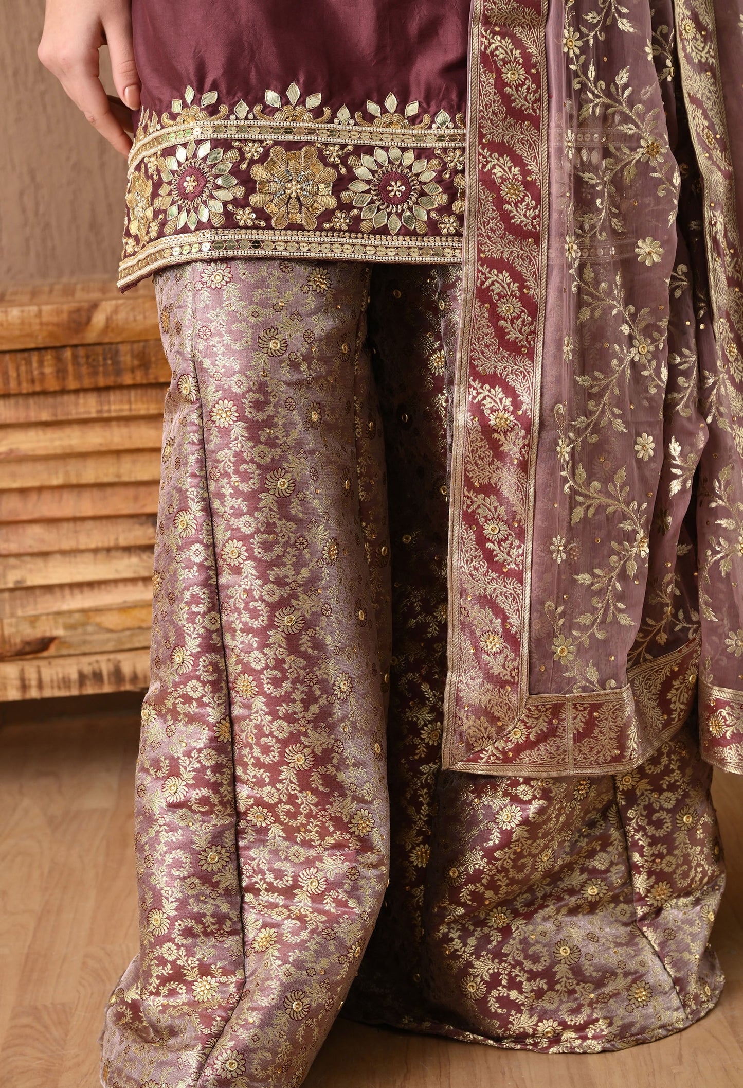 Breathtaking Brownish Maroon Sharara Set with Gotta, Zardozi, and Sequence Work