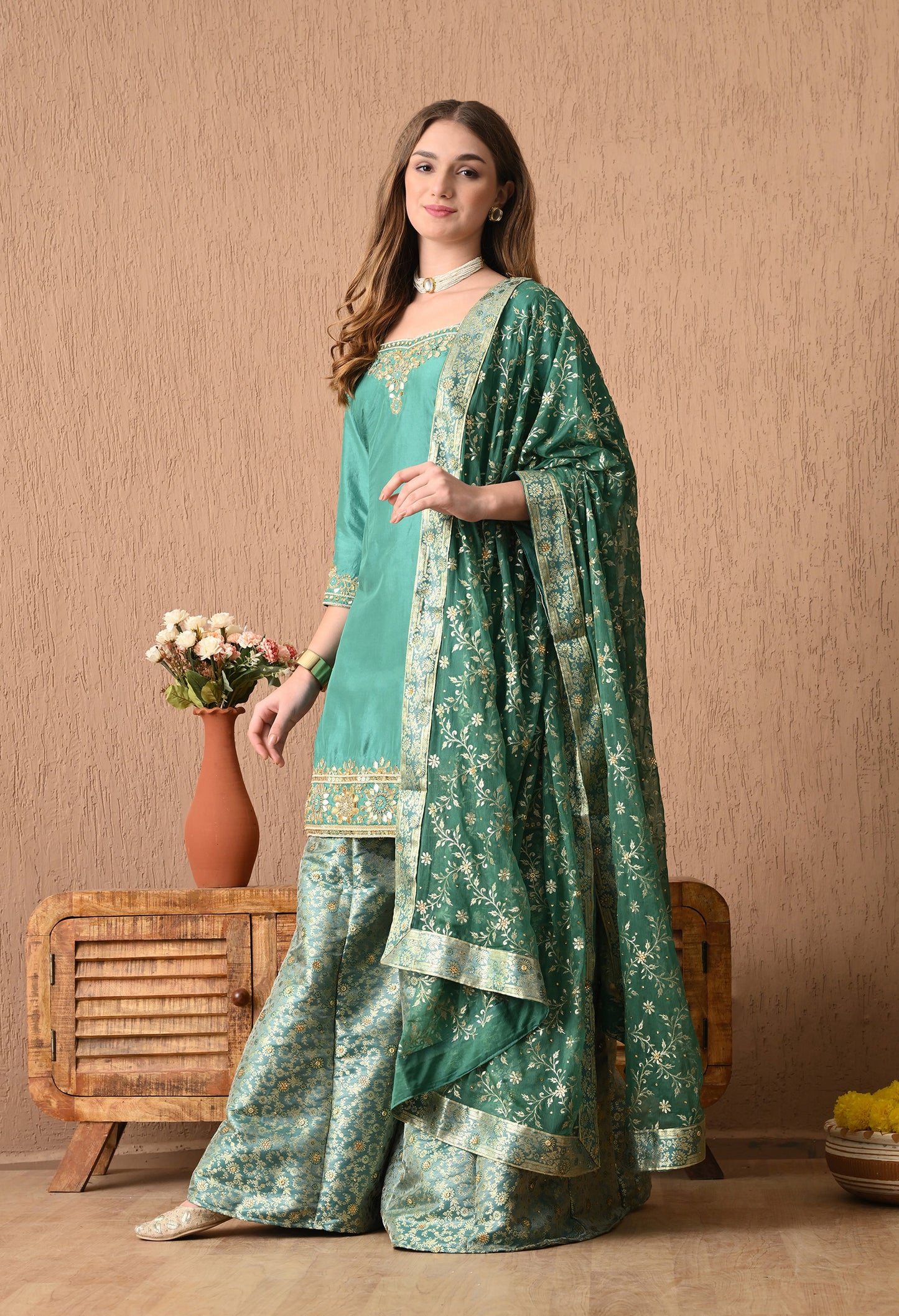 Graceful Pista Green Sharara Set with Gotta, Zardozi, and Sequence Work