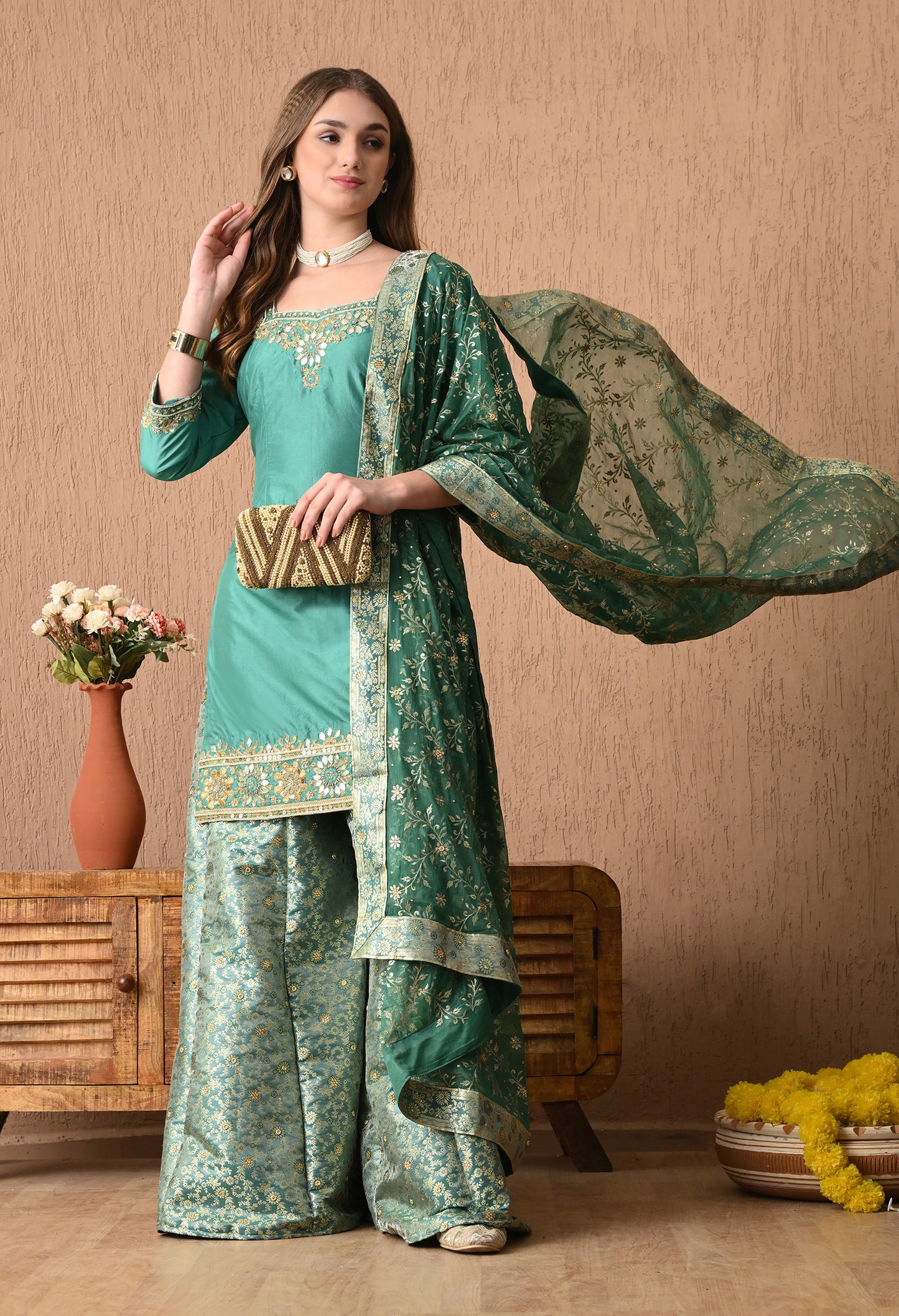 Graceful Pista Green Sharara Set with Gotta, Zardozi, and Sequence Work