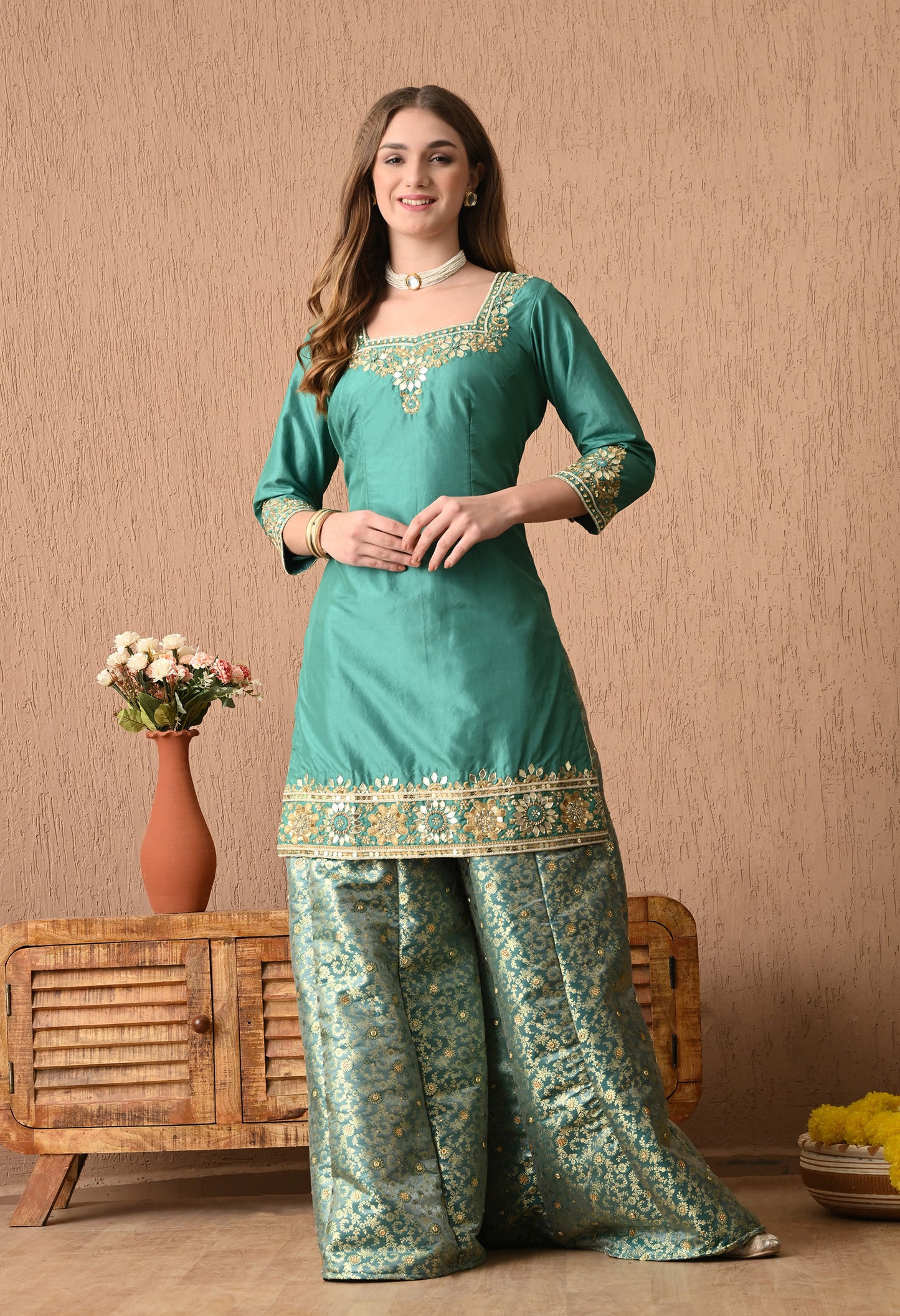 Graceful Pista Green Sharara Set with Gotta, Zardozi, and Sequence Work