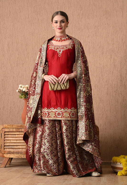 Sophesticated Maroon Sharara Set with Gotta, Zardozi, and Sequence Work