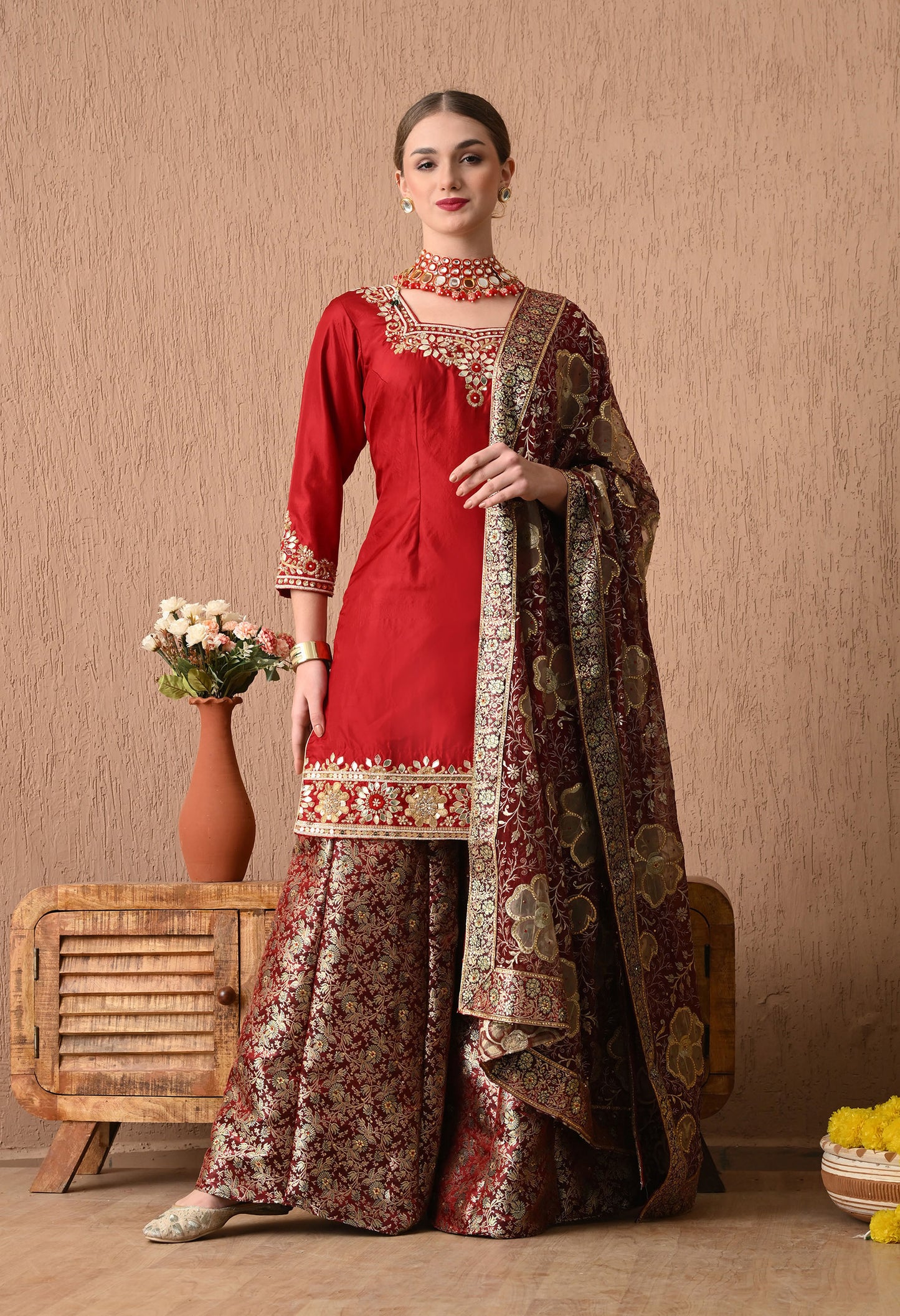 Sophesticated Maroon Sharara Set with Gotta, Zardozi, and Sequence Work