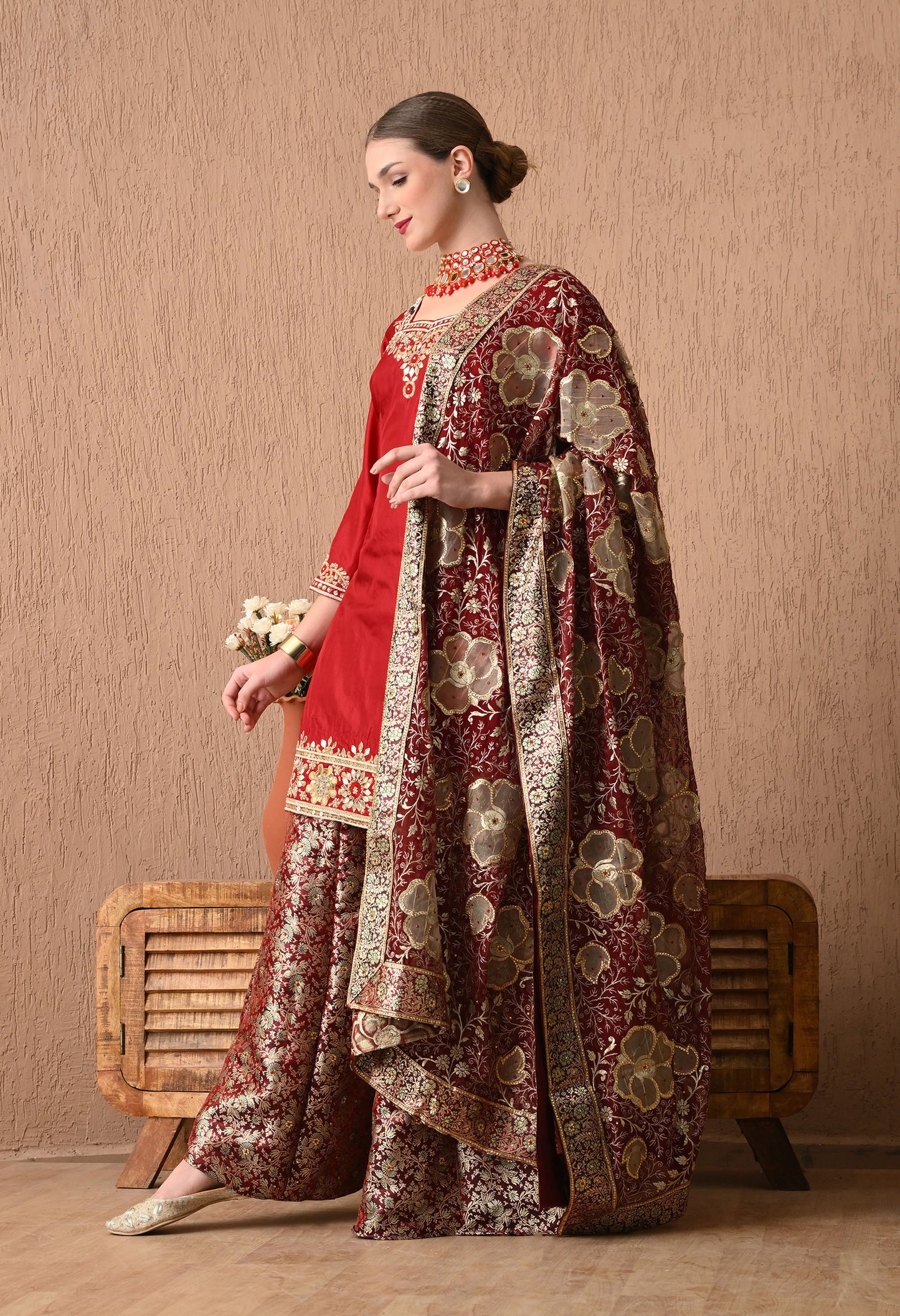 Sophesticated Maroon Sharara Set with Gotta, Zardozi, and Sequence Work