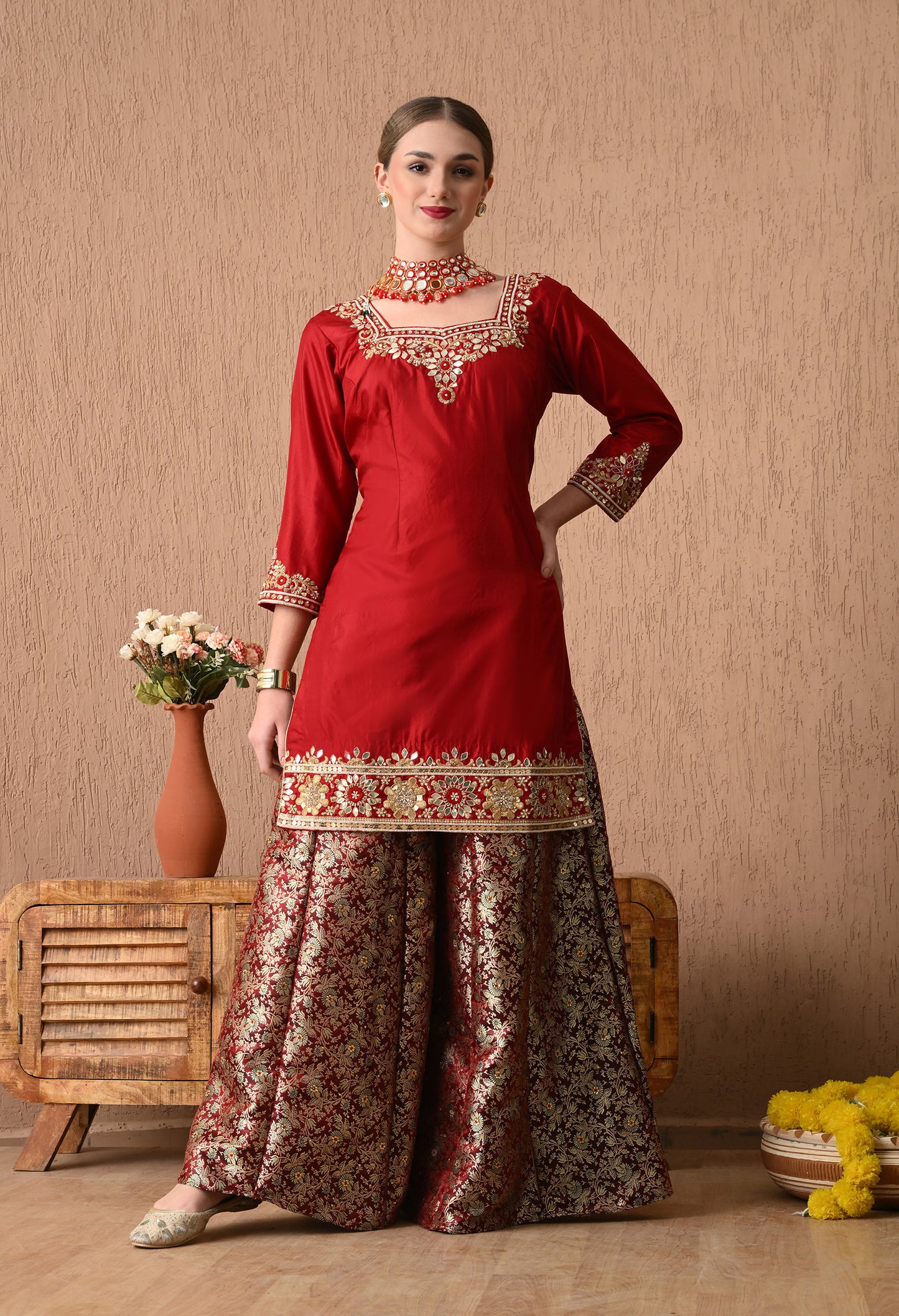 Sophesticated Maroon Sharara Set with Gotta, Zardozi, and Sequence Work