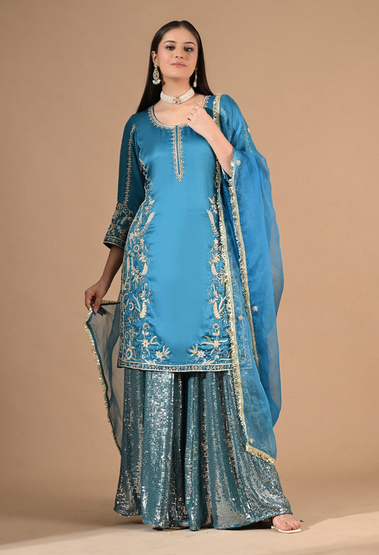 Royal Blue Sharara Set with Zardozi, Cutdana & Sequin Work