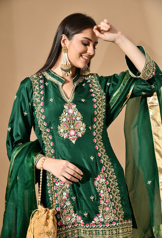 Green Silk Kurta Set with Zardozi, Pearl & Cutdana Work