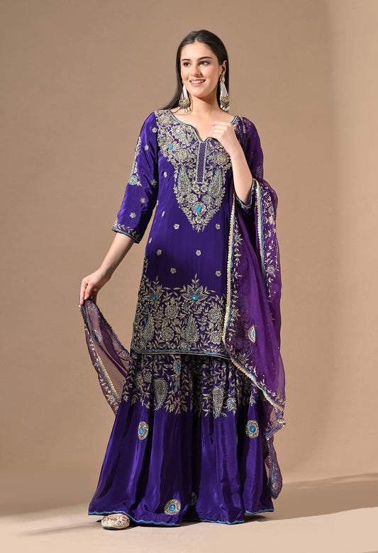Purple Sharara Set with Zardozi & Cutdana Embroidery