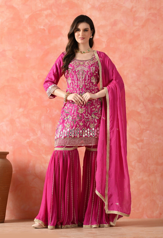 Rani Pink Gharara Set with Zardozi & Pearl Work